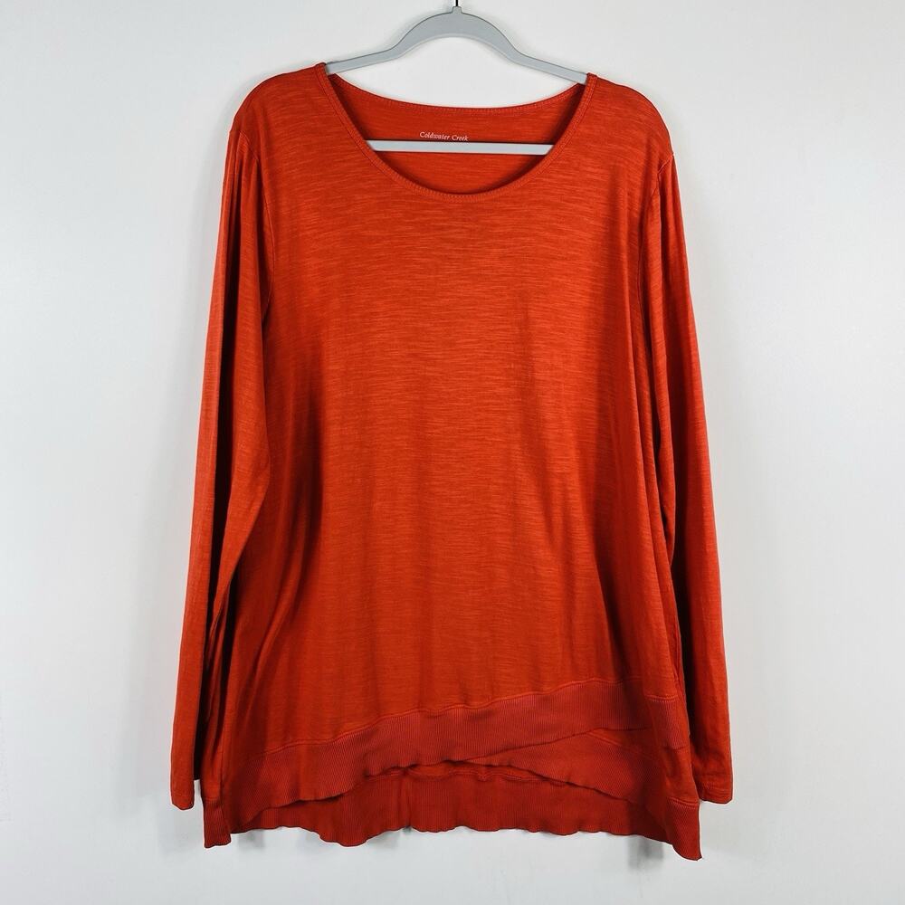 Coldwater Creek Top XL Orange Crossover Hem Long Sleeve Scoop Neck 100% Cotton